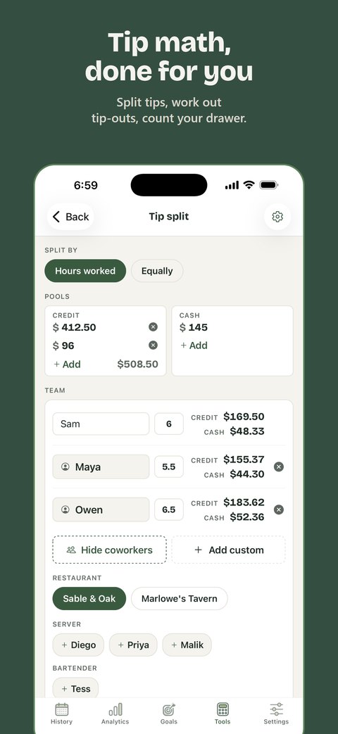 Tip split dividing a pool between coworkers by hours. Tip math, done for you.