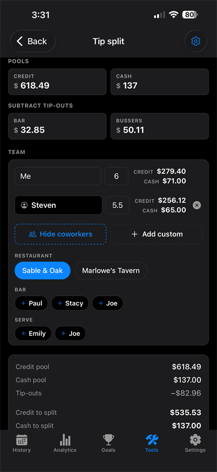 Aproned tip split tool dividing a tip pool between coworkers